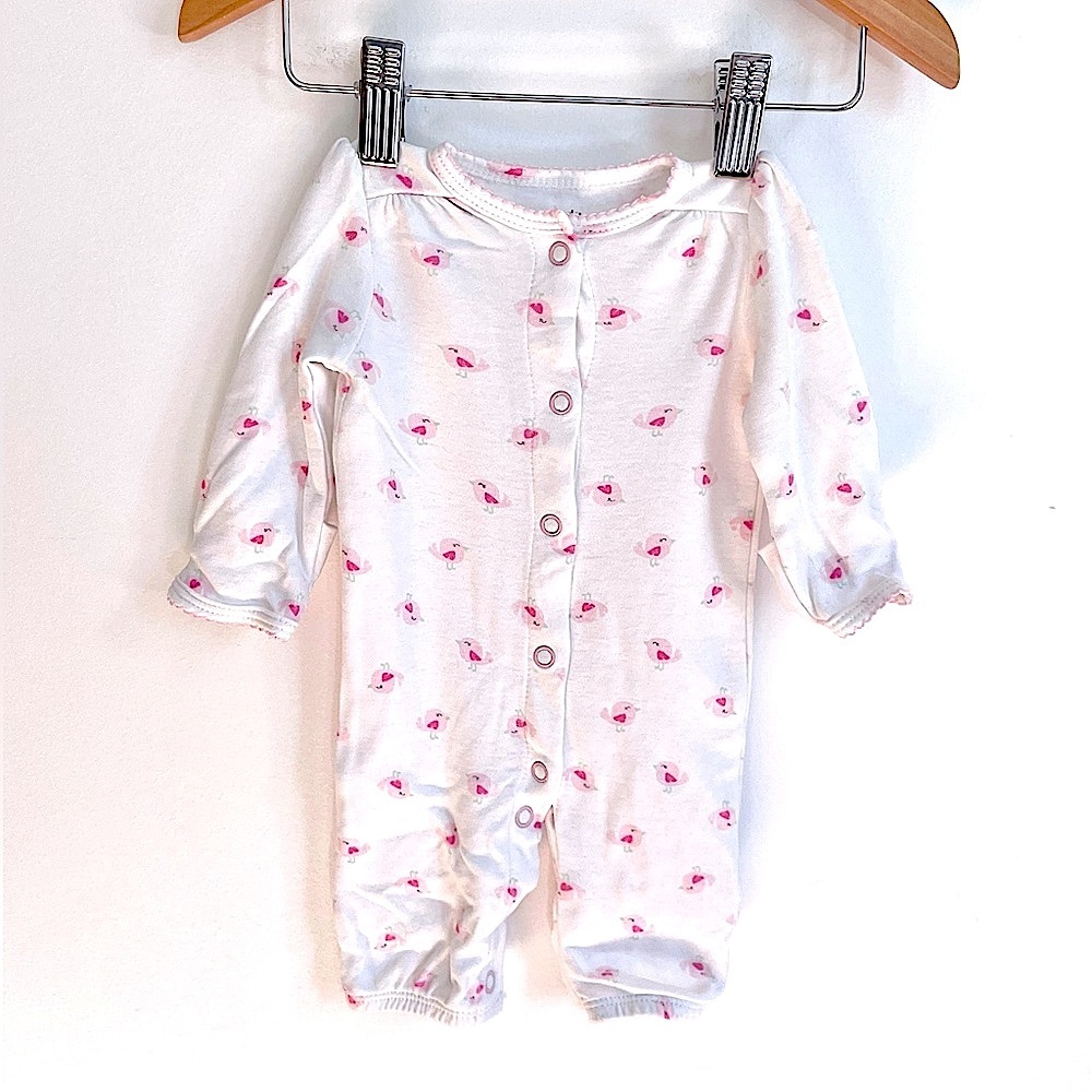 10/$35💥Pink Birds Footless Baby Girl PJs, White & Pale Pink, Foldover Cuffs